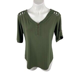 PerSeption Concept Women Large Top Green V Neck Zip Cutout Shoulder Casual